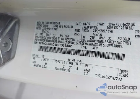 2017 Ford Escape Se z USA, uszkodzony, nr VIN 1FMCU0GD4HUD65582